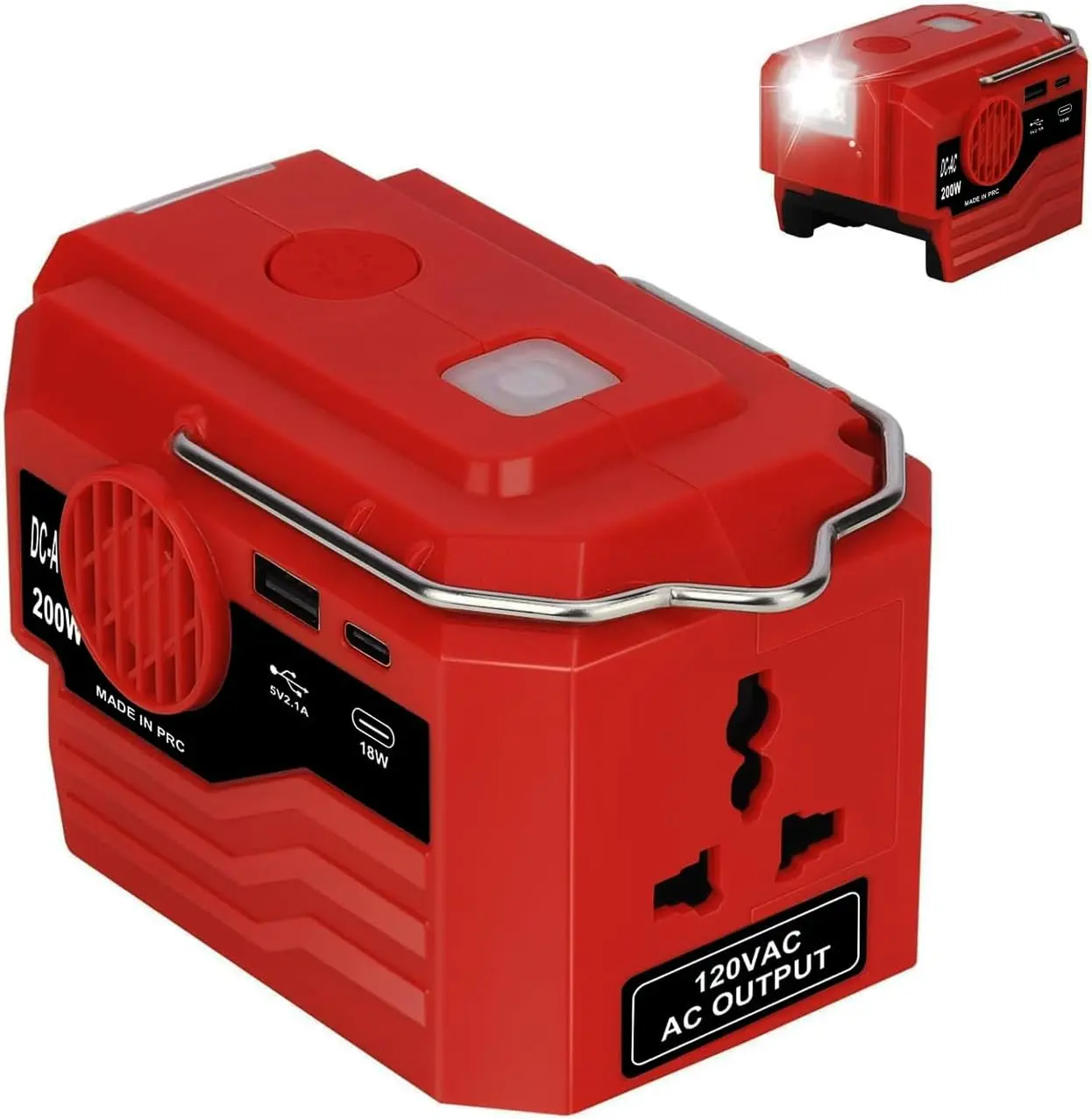 200W Power Inverter for Milwaukee  ΛΛ18 Battery, DC 18V to AC 110-120V Inverter, Portable Power Supply Inverter with AC Outlet & USB and Type-C Ports & LED Light (Battery not Include)