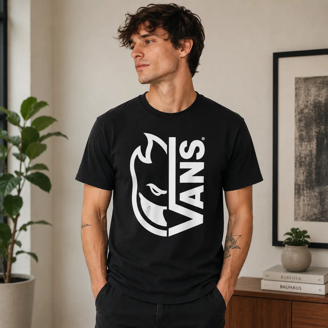 Men’s Black Graphic T-Shirt, Bold Streetwear Tee, Retro Logo Shirt, Casual Unisex Short Sleeve Top Crewneck Fabric
