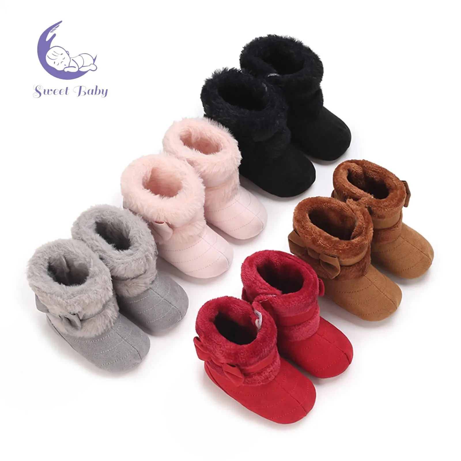 Newborn Crib Shoes - 0-18 Months Unisex Baby Pair Shoes with Bowknot Design, Winter Warm, Non-Skid Soles, Flat Heels for Baby Girls First Walkers