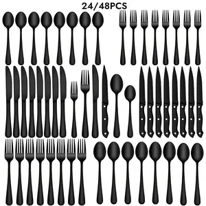 24/48-Piece Black Silverware Set, Include Steak Knife, Spoon, Fork Set，Flatware Set for 4-8 Stainless Steel Cutlery Tableware Set, Modern Mirror Polished Eating Utensils Set for Home Kitchen Restaurant