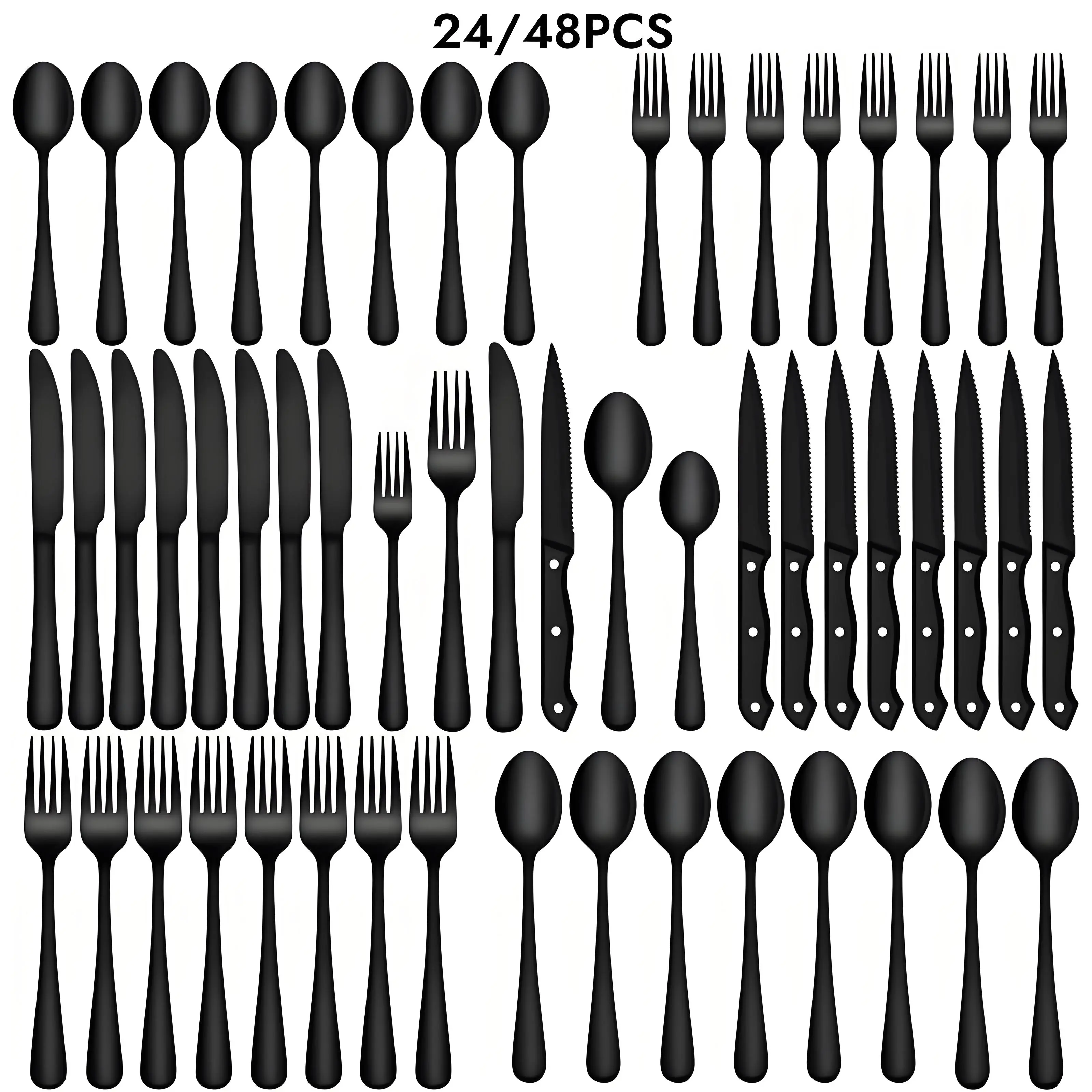 24/48-Piece Black Silverware Set, Include Steak Knife, Spoon, Fork Set，Dinnerware Flatware Set for 4-8, Stainless Steel Cutlery Tableware Set, Modern Mirror Polished Eating Utensils Set for Home Kitchen Restaurant