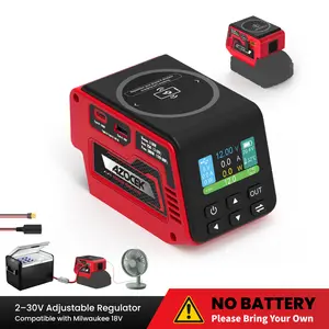 Azocek Adjustable 2–30V DC Voltage Regulator Compatible with Milwaukee 18V Battery – 300W XT60 Output, 100W USB-C PD3.0, 18W USB-A Fast Charging, 15W Wireless Charging, LCD Display [Battery Not Included]
