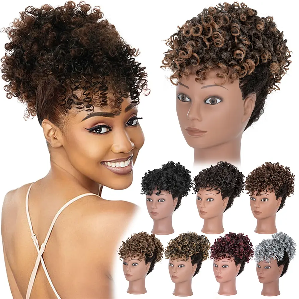 Women's Synthetic Afro Puff Drawstring Ponytail with Bangs, Clip-In Quick DIY Hair Extension, Short Kinky Curly Realistic Updo Hairpiece for Ponytail Hairstyles, Synthetic Hair, Quick Hair Extension