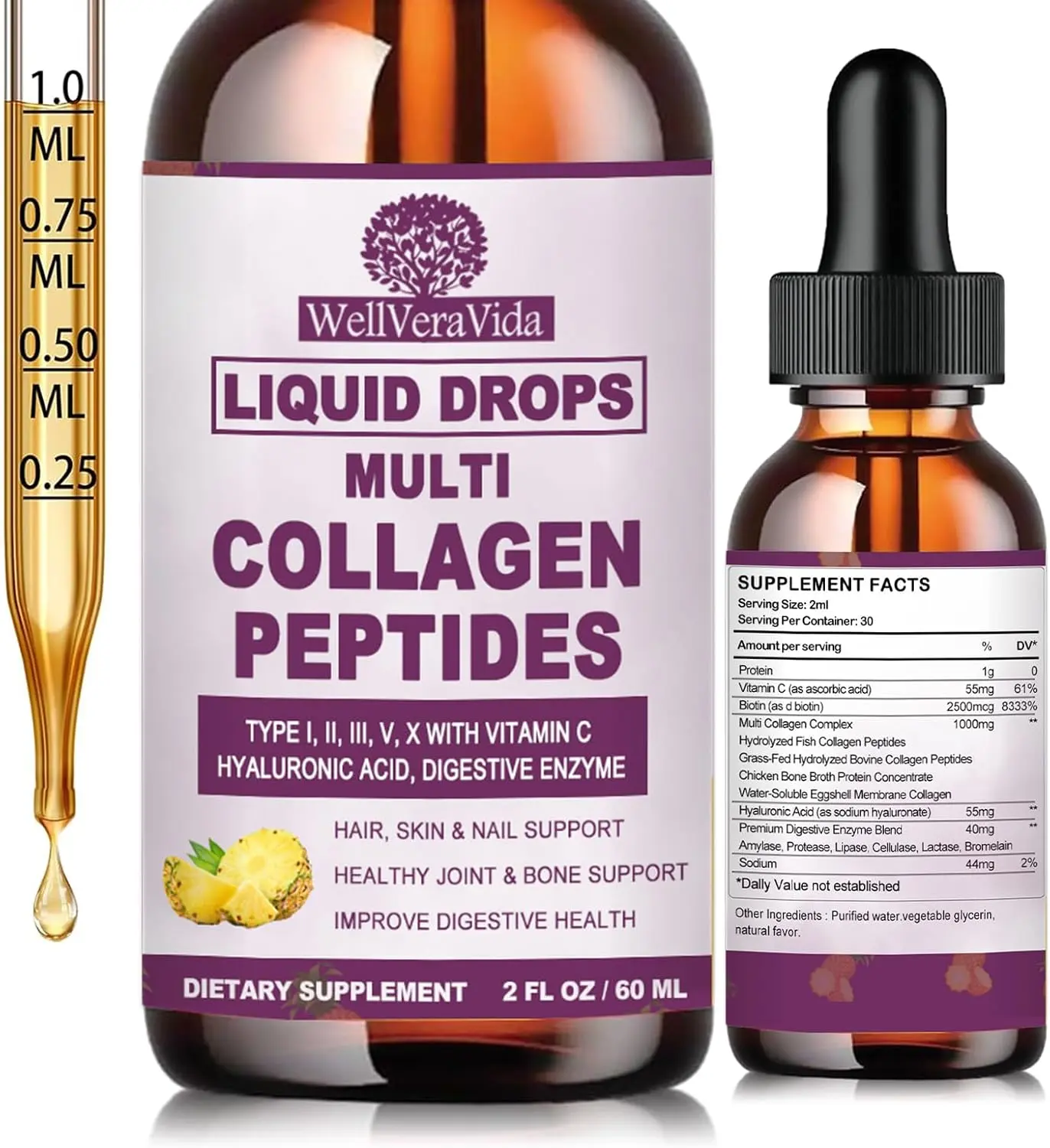 Liquid Collagen for Women & Men, Multi Hydrolyzed Collagen Peptides | Fast Acting Hidrolizado Collagen Types I, II, III, V, X, Proteins w. Hyaluronic Acid, Biotin Vitamin C for Hair, Skin & Nails