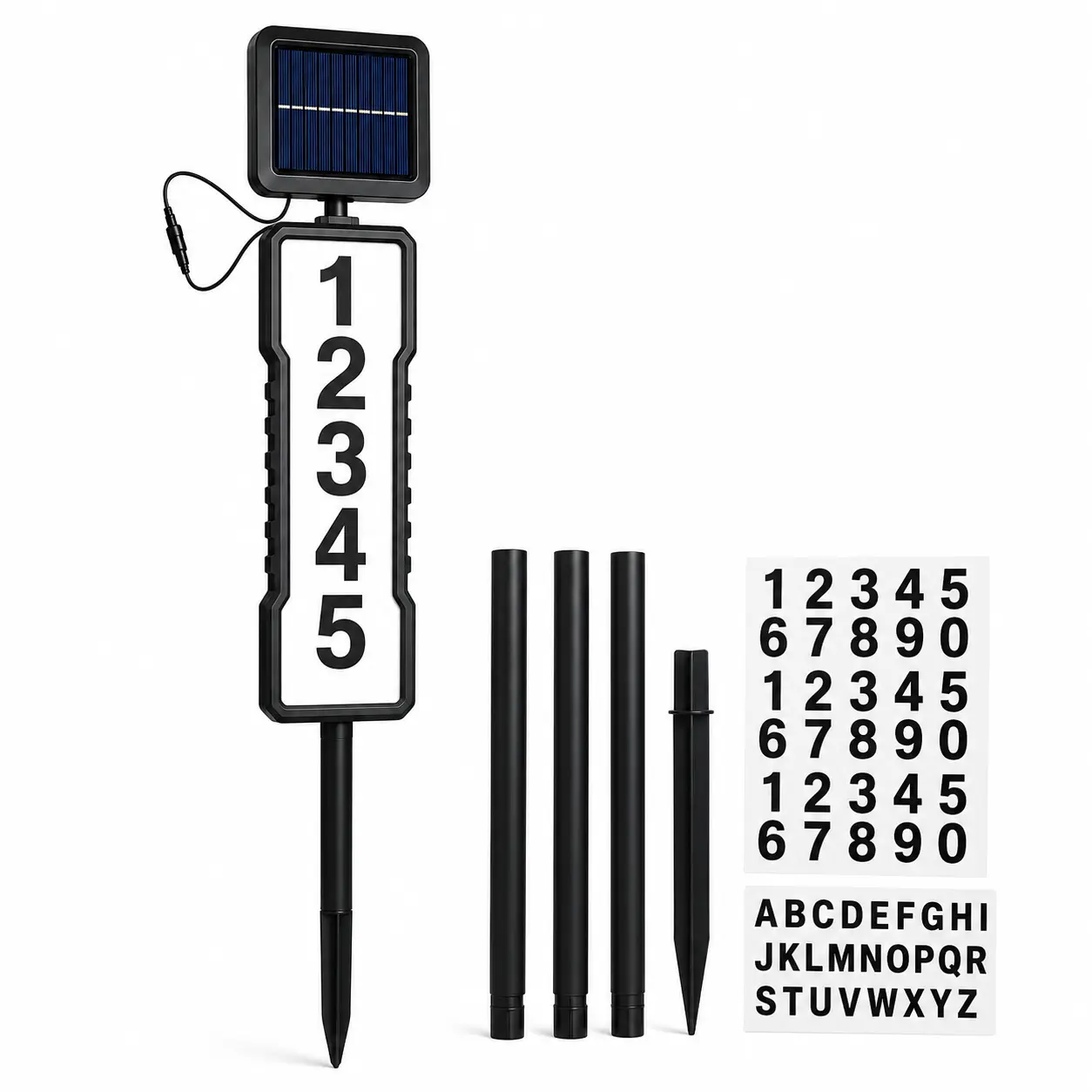 Modern solar LED house number light, dual-color illuminated address sign with automatic sensor light control switch, IP54 waterproof outdoor address identifier, supports wall mounting/in-ground installation on lawn, suitable for yards, driveways, and fron