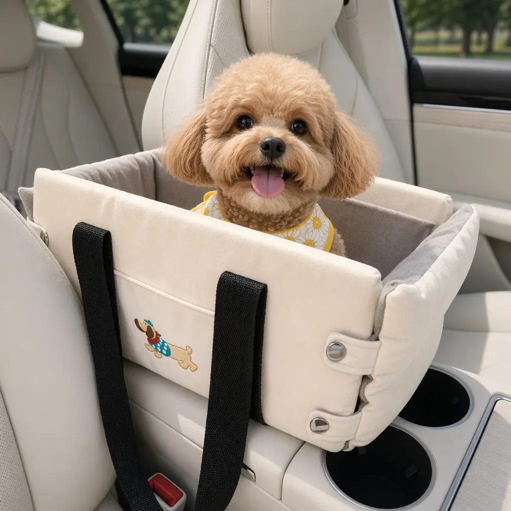 RYNVALE Console Dog Car Booster Seat - Faux Leather Mix, Cartoon Print, Anti-Collapse Armrest, Portable, Safety Tethers, Cool Soft Cushion for Small Pets (Up to 12lbs) Pet Travel Carrier, Console Seat