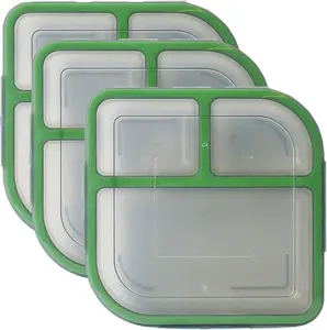 MyGo Container Large To-Go 3-Compartment Food Containers, Pack Of 3, 9-3/8" X 9-3/8" X 2-1/2", Reusable, Microwave Safe, NSF Certified, Smoke/Green
