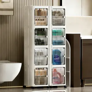 Narrow Slim Storage Cabinet Foldable No Installation Magnetic Closure Door Universal Wheels Mobile Multilayer Dustproof Waterproof for Bathroom Kitchen Bedroom