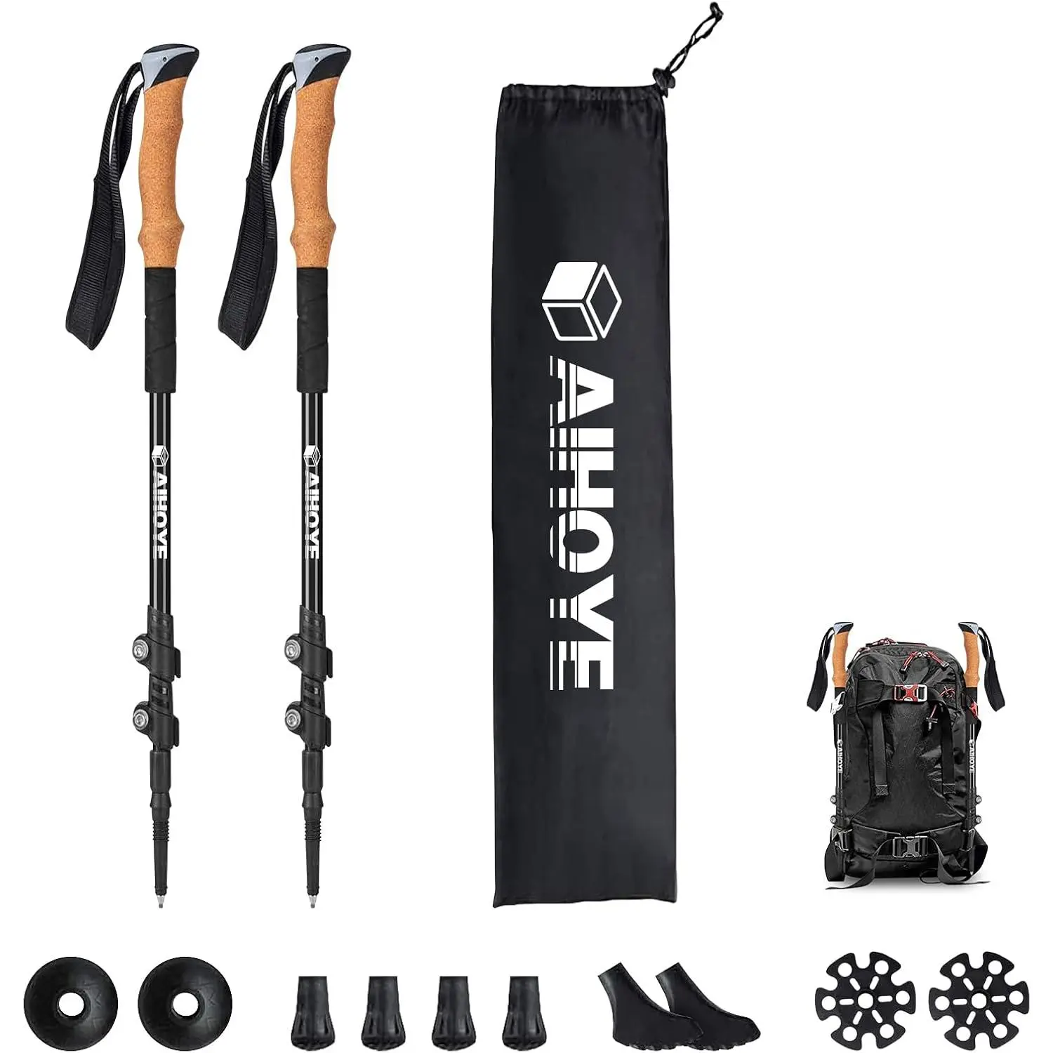 Trekking Hiking Poles - 2 Pack Adjustable Walking Sticks, Collapsible Lightweight  7075, Hiking Sticks with Quick Flip-Lock and Comfortable Cork Grips