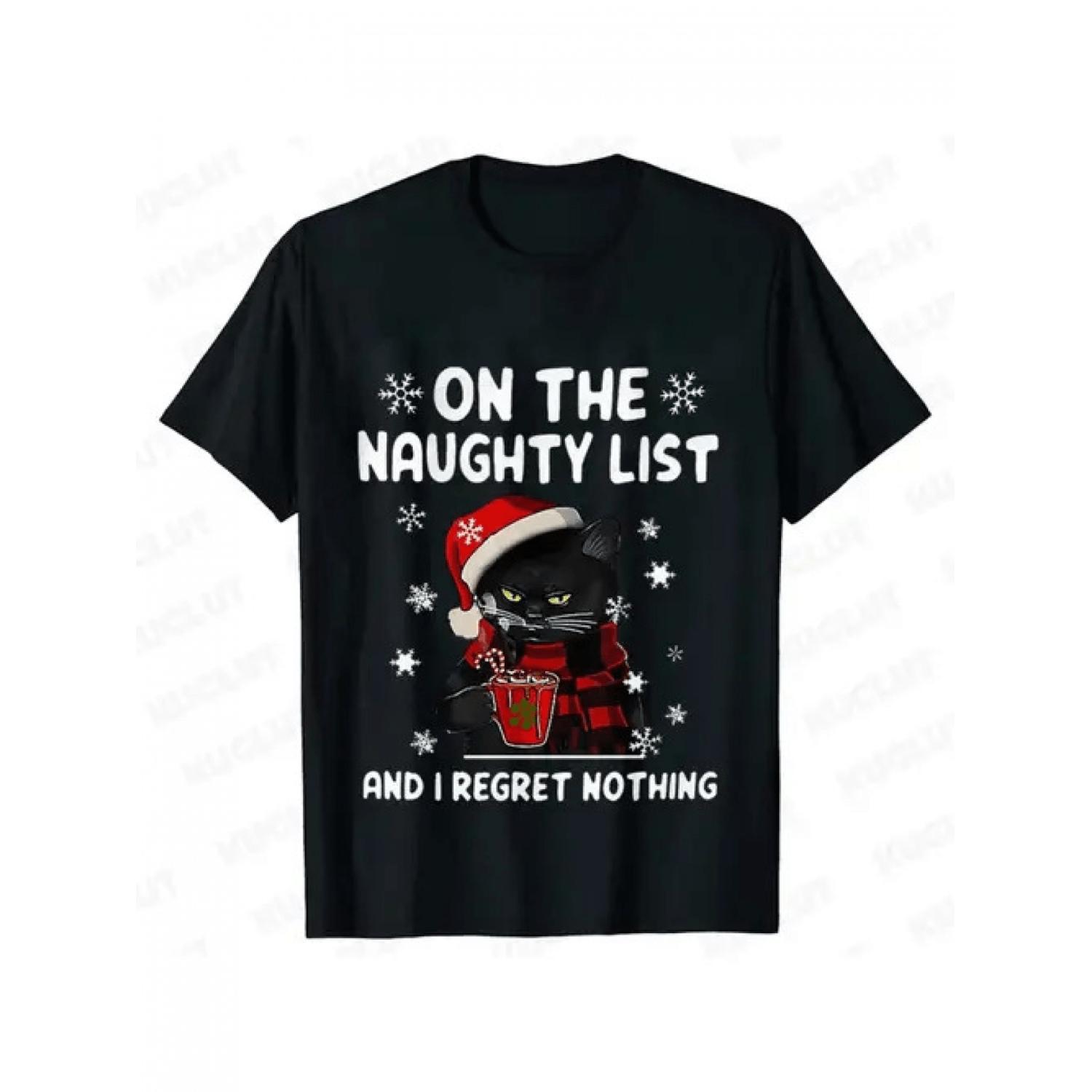 Women's Short-Sleeve Round Neck Funny Christmas Graphic T-Shirt - Naughty List Black Cat in Santa Hat, Plus Size Loose Fit, Durable Print, Comfortable Fabric, Humor Theme Holiday Party Outfit
