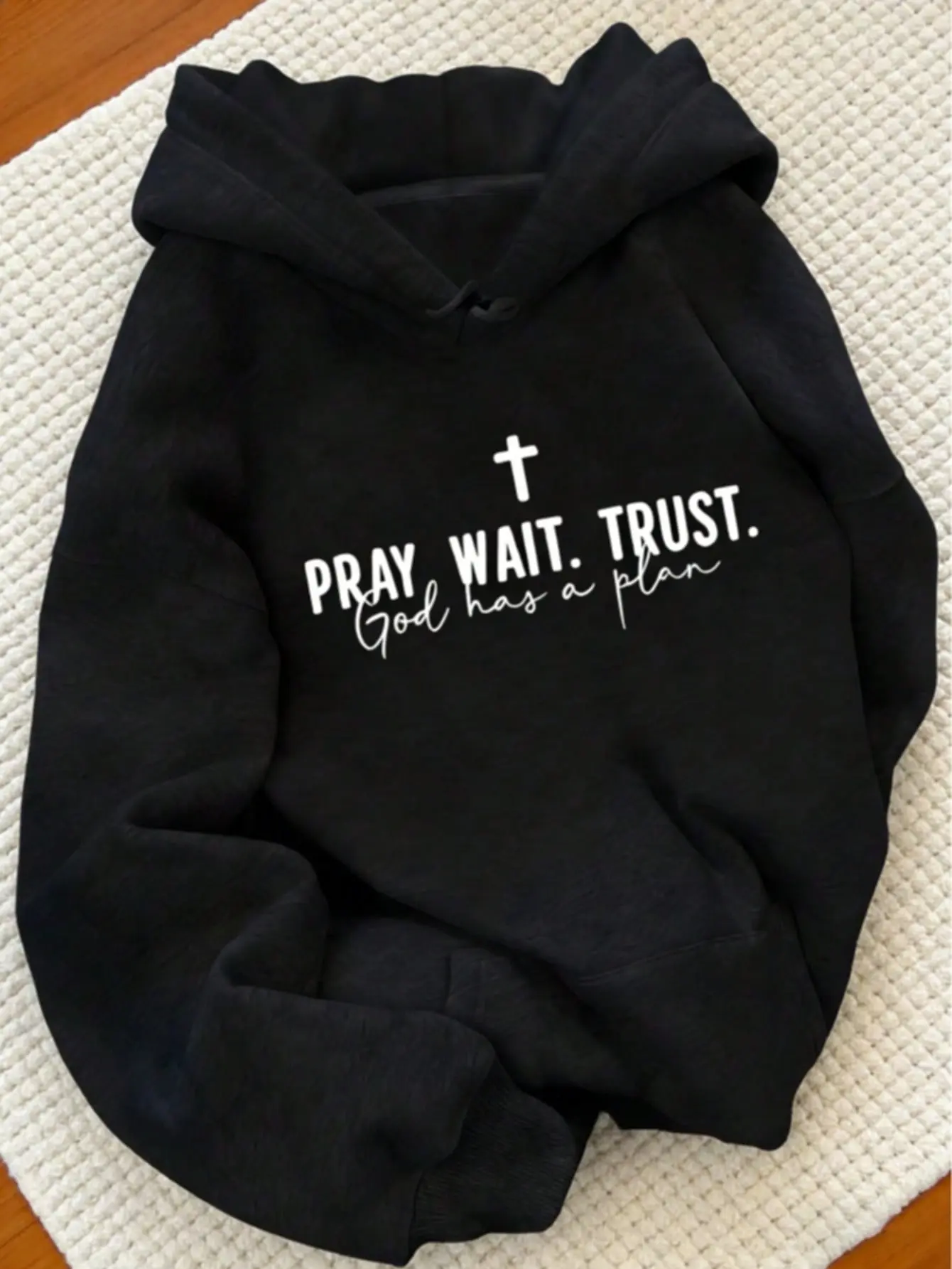 Thick 270 Gram Brushed Fleece Christian Hoodie, Pray Wait Trust Print Drawstring Sweatshirt, Inspirational Faith Pullover, Cozy Casual Daily Wear For Fall Winter