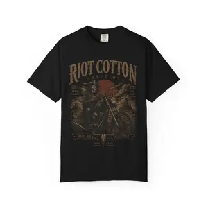 Men's Riot Cotton Shortsleeve Knit Motorcycle Skull Graphic T-Shirt - Distressed Vintage Retro Casual Menswear Biker Tee
