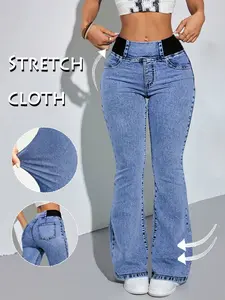 GILIPUR 2025 Y2K French Retro Denim Jeans for Women, Womenswear, Mid-Rise Elastic Waist, Pleated Back Waist, Slightly Flared Wide Leg, Light Blue Washed Color with Pockets, Pants