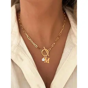 Women's Elegant Faux Pearl Decor OT Buckle Pendant Necklace, Exquisite Trendy Letter Charm Pendant Necklace, Fashion Vintage Jewelry for Party & Daily Decor, Necklace Initial