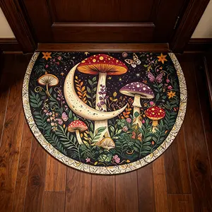 Non-Slip Polyester Door Mat, Bohemian Retro Mushroom Design, Soft Anti-Fatigue, Indoor Outdoor Use, Home Decor Rug, Half Circle Pad