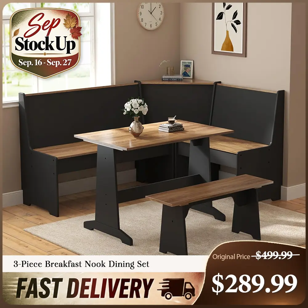[Ships in 2 Boxes] [TiktokShopStockUp] AMERLIFE 3-Piece Breakfast Nook Dining Set, L-Shaped Corner Bench with Hidden Storage, Space-Saving Kitchen Table Set for Small Spaces, Black & Oak[tiktokshopbacktoschool][SohoChic]