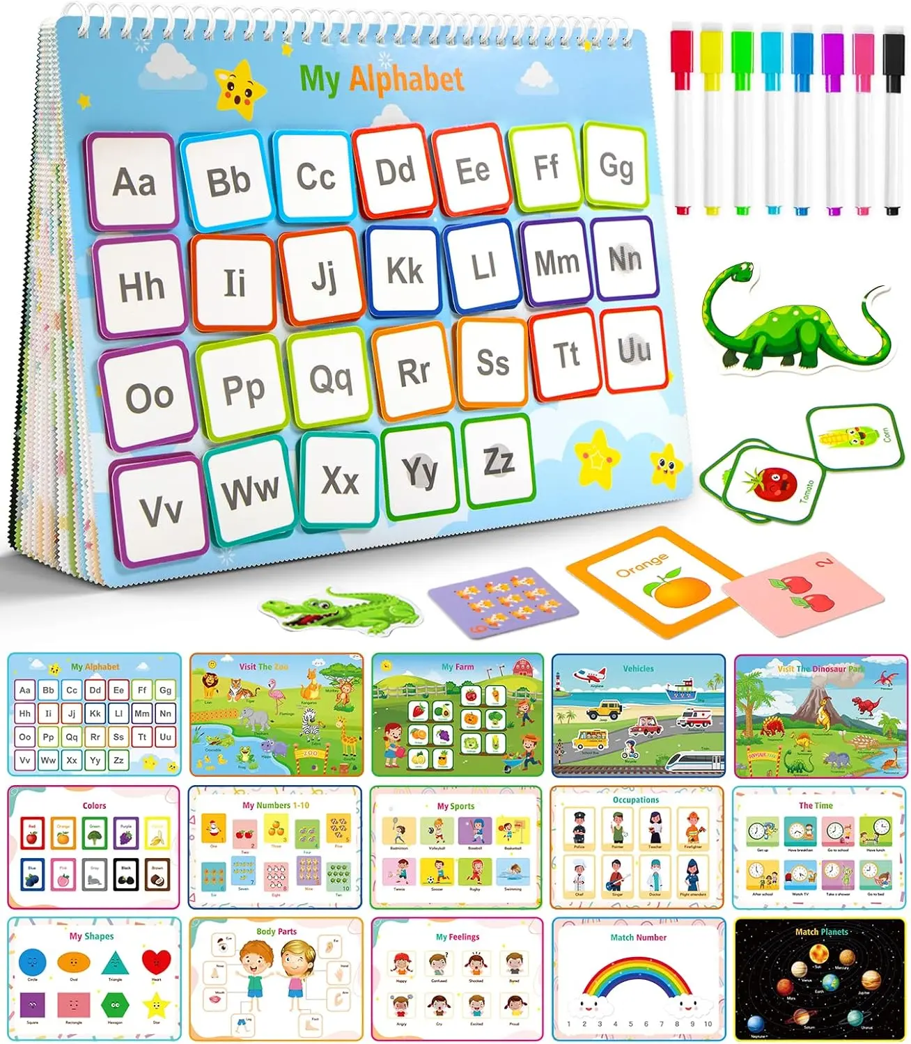 Montessori Busy Book (Montessori Toy) for Toddlers 1-3, 32-Themed Preschool Teaching Supplies, Waterproof 8-Piece Art Marker Set, Visual Learning Tools, Autism Activity Binder, Interactive Play Gift for Boys and Girls (Birthdays)