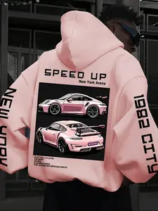 Men's Car Print Graphic Hoodie, Automotive Design, Comfortable Fitted Casual Street Style Sweatshirt, Perfect for Daily Wear, Autumn Winter Fashion Trends, Casual Hooded Sweatshirt