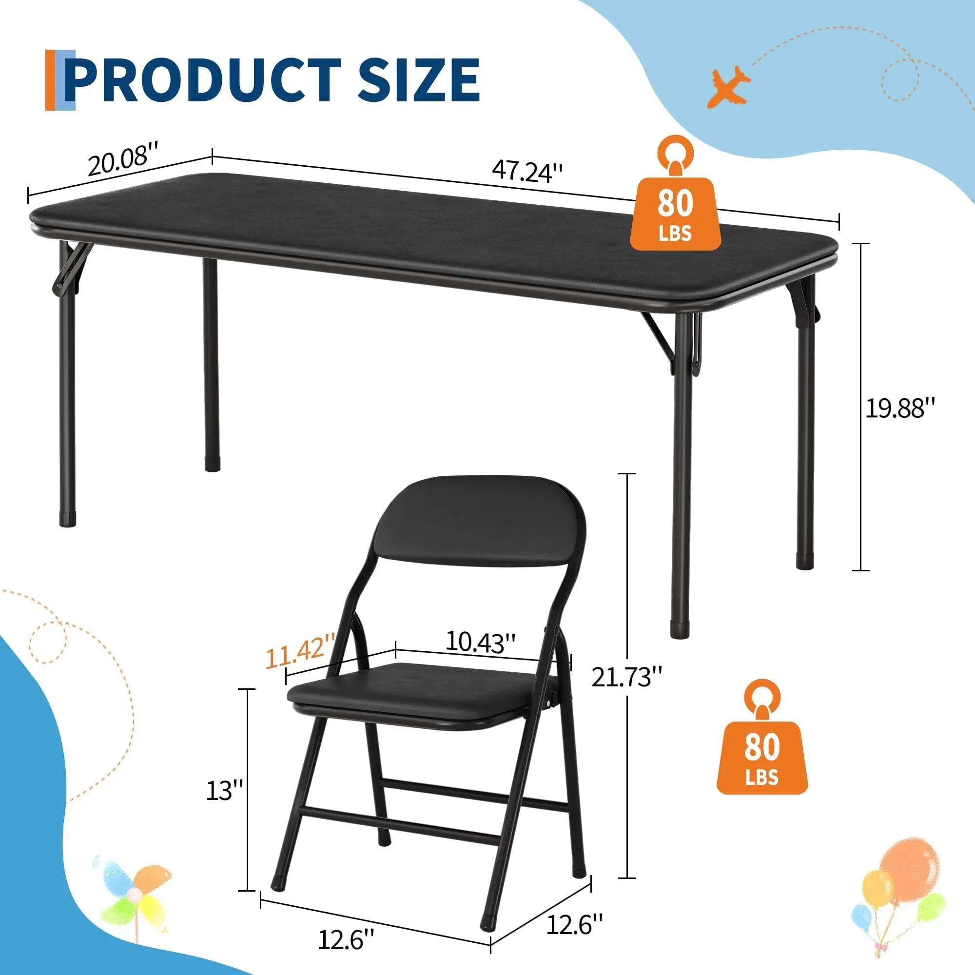 Kids Table and Chairs Set, 5 Piece Folding Activity Table with 4 PU Leather Chairs, No-Assembly Toddler Table and Chair Set for Dining Room, Daycare, Classroom, Art, Meals, Games & Portable Travel