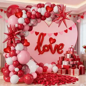 113pcs Valentine's Day Red and White Love Balloon Arch Set, Heart Shaped Balloons, 22 inch Red Explosion Star with 40 inch Red LOVE Aluminum Foil Balloon Used for Valentine's Day, Proposal, Wedding, Birthday Party Decoration