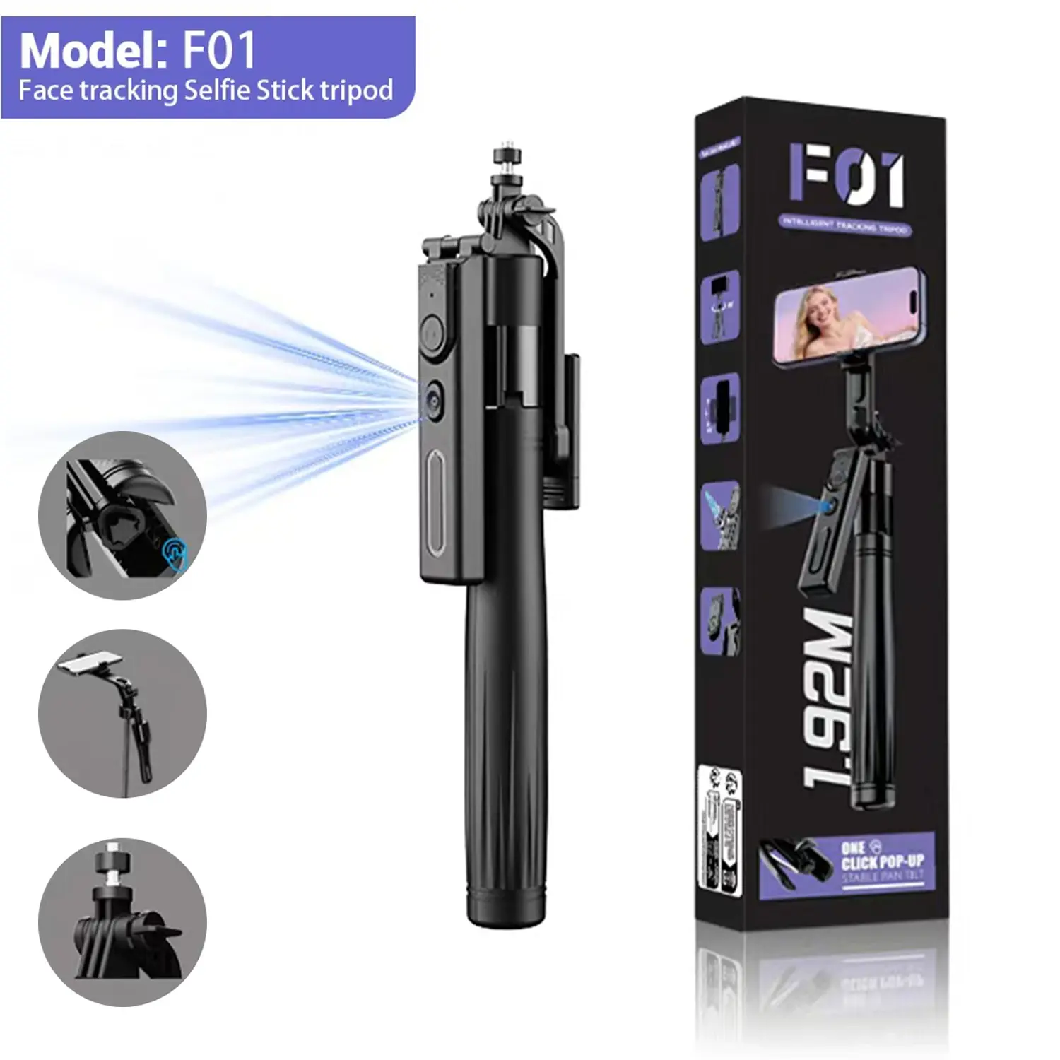Automatic Face Tracking Tripod, 360° Rotatable, Remote Control, Compact Portable, Max Extendable Length 75.6 Inches, Smart Camera Video Vlogging