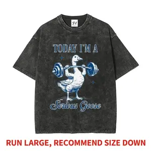 Men's Oversized Vintage Washed Soft Cotton Short-Sleeve Graphic T-Shirt - 'Serious Goose' Funny Gym Meme Top, Menswear Casual Streetwear Tshirt