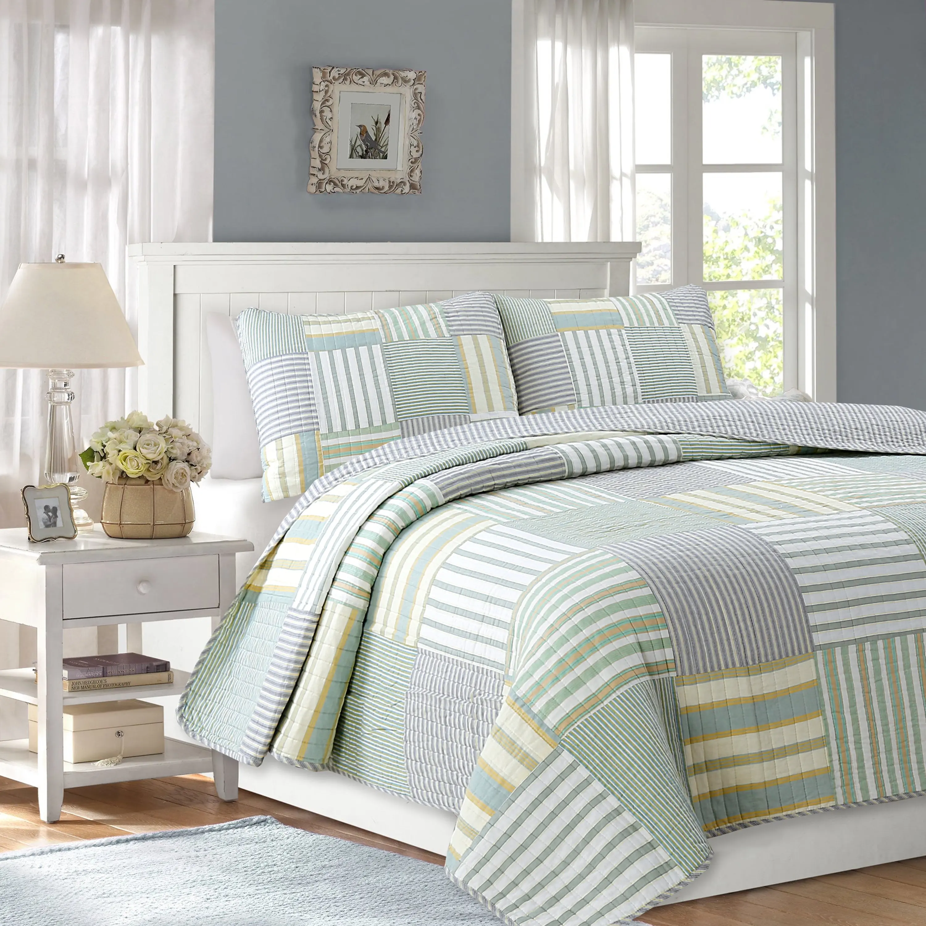 Striped Real Patchwork Cotton Reversible Quilt Bedding Set, Decorative Bedding Set for Bedroom Use with Cozy Vibes