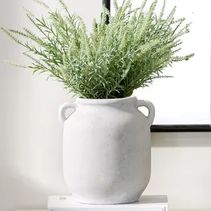 Ceramic Flower Vase Home Decor - 7.6 Inch Farmhouse Rustic White Table Vases with Handle Living Room Decoration Decorative Vintage Pottery for Kitchen Shelf Coffee Dining Desk Bookshelf Fireplace