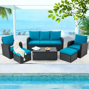 6-Piece Peacock Blue All-Weather Wicker Patio Furniture Set, Sectional Sofa, Glass Storage Coffee Table, Ottomans with Soft Cushions & Pillows for Patio, Garden and Balcony