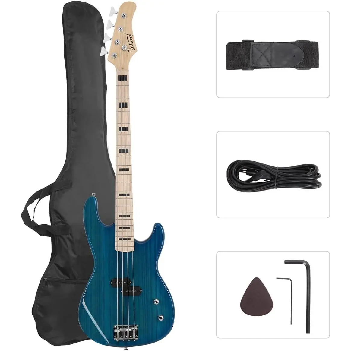 GLARRY GP Series Full Size 4-String Electric Bass Guitar Beginner Kit with Canadian Maple Fingerboard, Guitar Cables, Strap, Bag and Accessories (Blue)