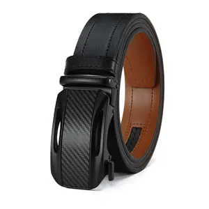 Male Heavy Duty Men's Leather Belt with Automatic Buckle, Carbon Fiber Textured Automatic-Lock Clasp Head, Hollowed-Out Side Slots, Double-Sided Dual-Tone Treatment, Contrast Stitching, Durable Versatile Dress Belt for Work, Everyday Outings