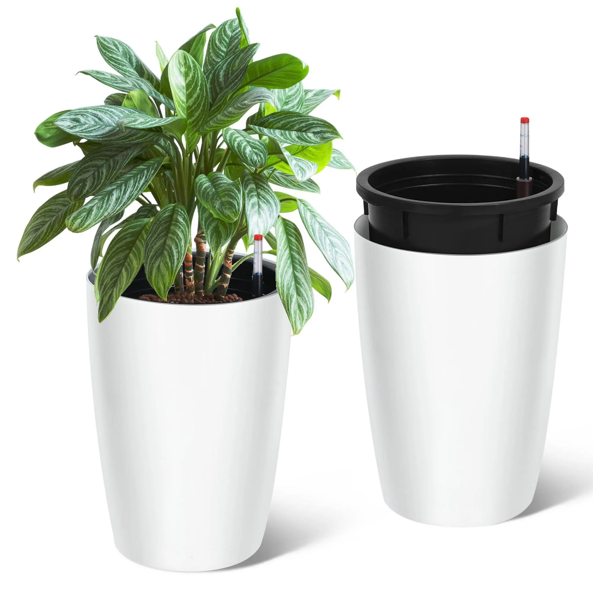 Gaomon Classic 2-Piece 16in Tall Modern Sturdy Plastic Outdoor Plant Pot Set - Round Garden Planters with Auto-Water Function, Water Level Monitor, Inner Bucket, Drainage Hole, Hidden Handle for Home, Commercial Settings | Garden Accessories