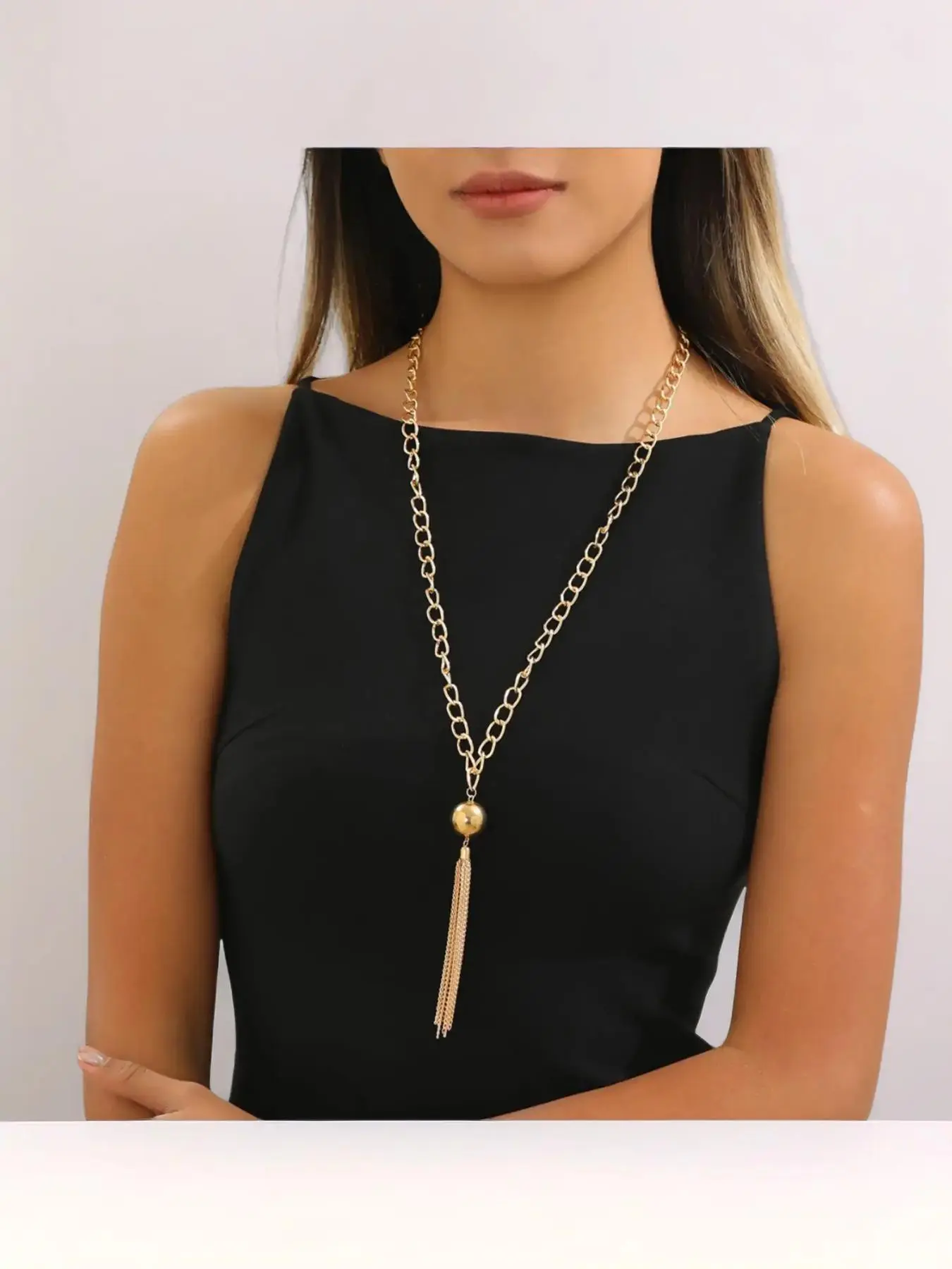 European and American style metal exaggerated ball pendant necklace, chain tassel long sweater chain design, collarbone chain accessory, elegant and timeless design suitable for various occasions, Boho Style Jewelry