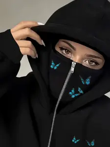 Women's Two-Layer Hat Zipper Pocket Sweatshirt, Blue Butterfly Print, Fall & Winter Casual Loose Fit, Comfortable Fashion Top