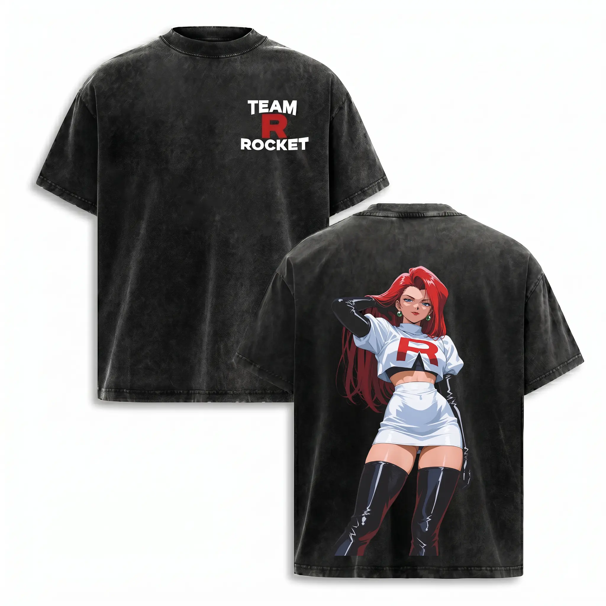 Retro Limited Team Rocket  T-shirt Washed Anime Merch Double Printed Washed Tee Unisex Manga Heavyweight Cotton  Anime Kanto Villains Team Rocket