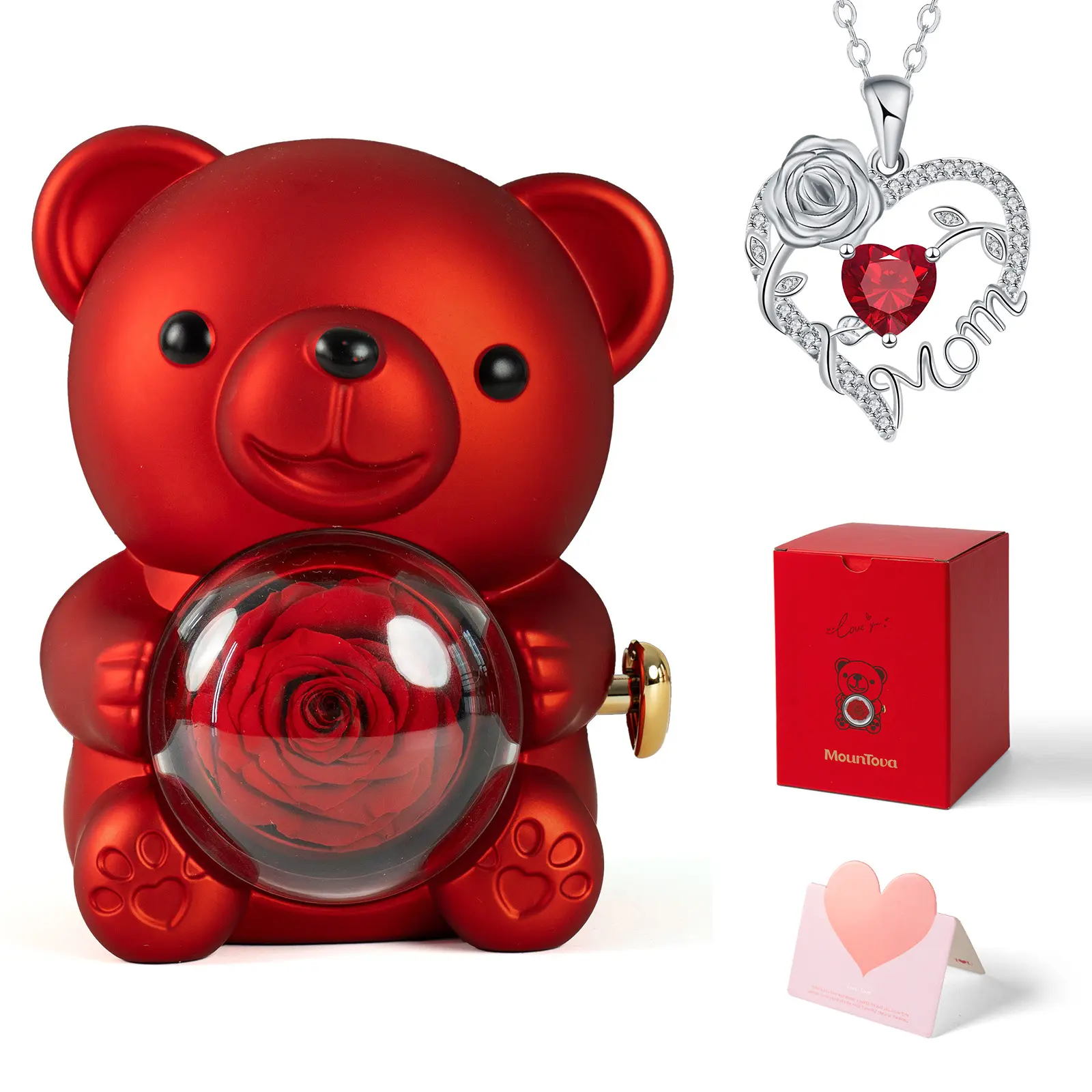Red rose bear+mom necklace+gift box+card