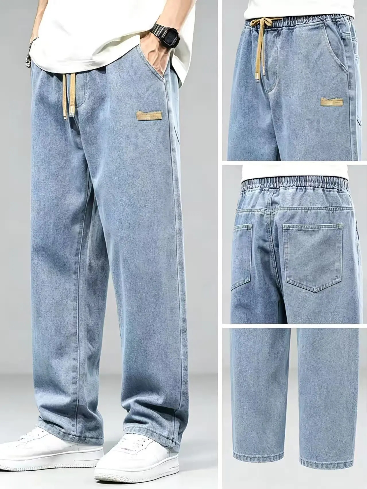 Men's Classic Minimalist Retro Wash Straight Wide-Leg Denim Jeans, Summer Lightweight Menswear Tops-Compatible, Elastic Waistband Drawstring Stretch Fabric, Slim Fit Plain Customized Casual Long Pants, Soft