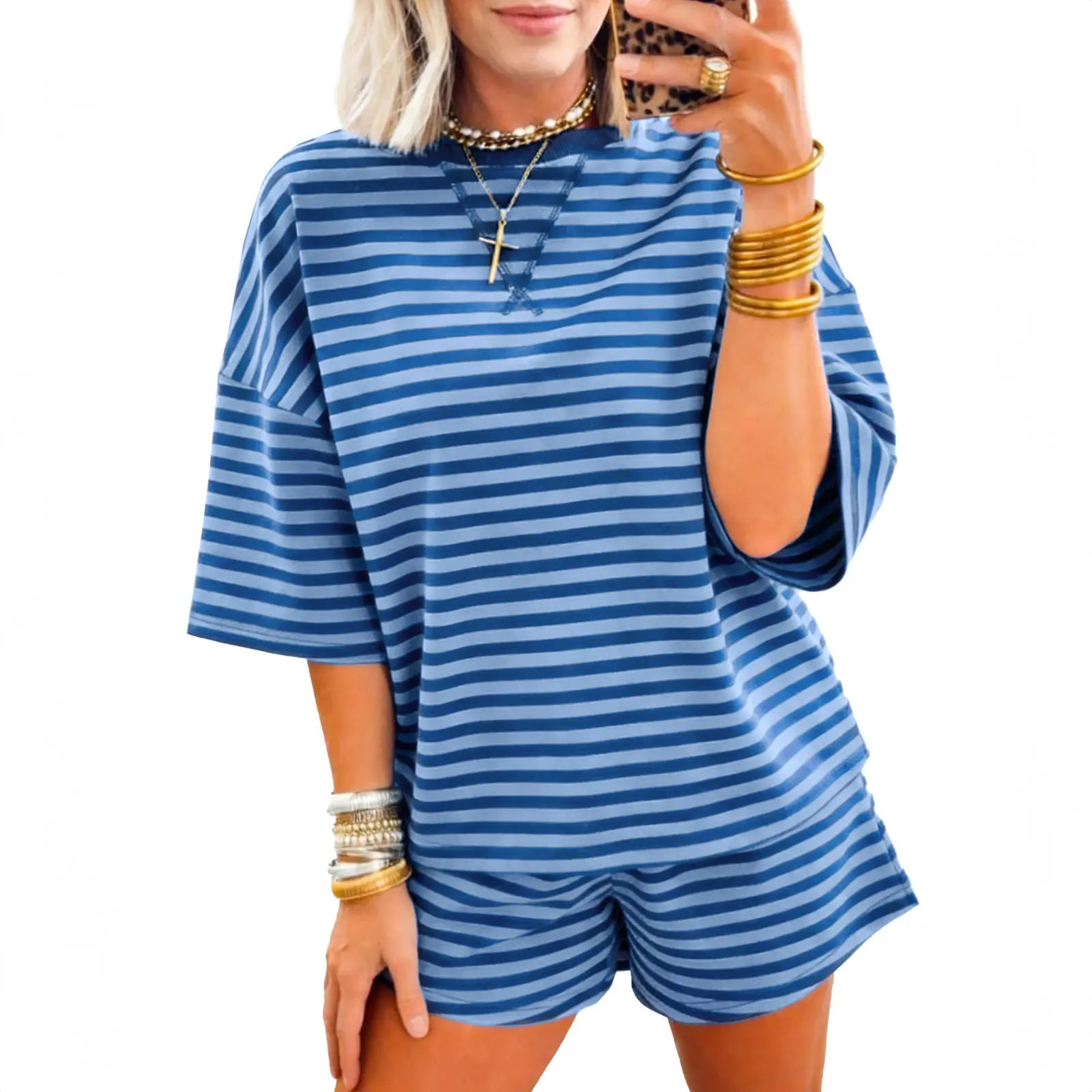 Asvivid Women Stripe Striped Ribbed Cotton Two-Piece Short Set with Chest Patch Detail Summer Womenswear Top Shorts Clothes Casual Breathable Fashion