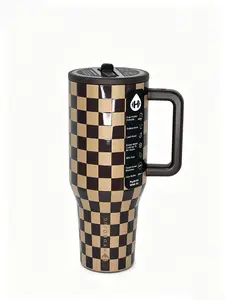 HydroJug 40oz Water Bottle With Handle & Flip Straw - Cupholder Compatible, Leakproof Insulated Tumbler - Reusable, Perfect Father's Day Gift, Brown Plaid Pattern vacuum cup
