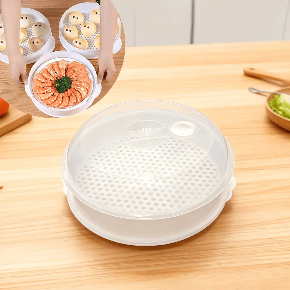 1pc white round steamer with transparent cover, microwave oven steamer, household multi-function steamer, suitable for heating Mantou dumplings, cooking tools for steaming food and hot rice, kitchen supplies
