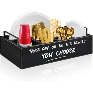 Ameuphercy Wood Paper Plate Dispenser, Paper Plate Holder with Large Cup Holder for Kitchen Counter, Rustic Silverware Utensil Caddy with Large Cup Holder, Utensil Holder for Kitchen Accessories