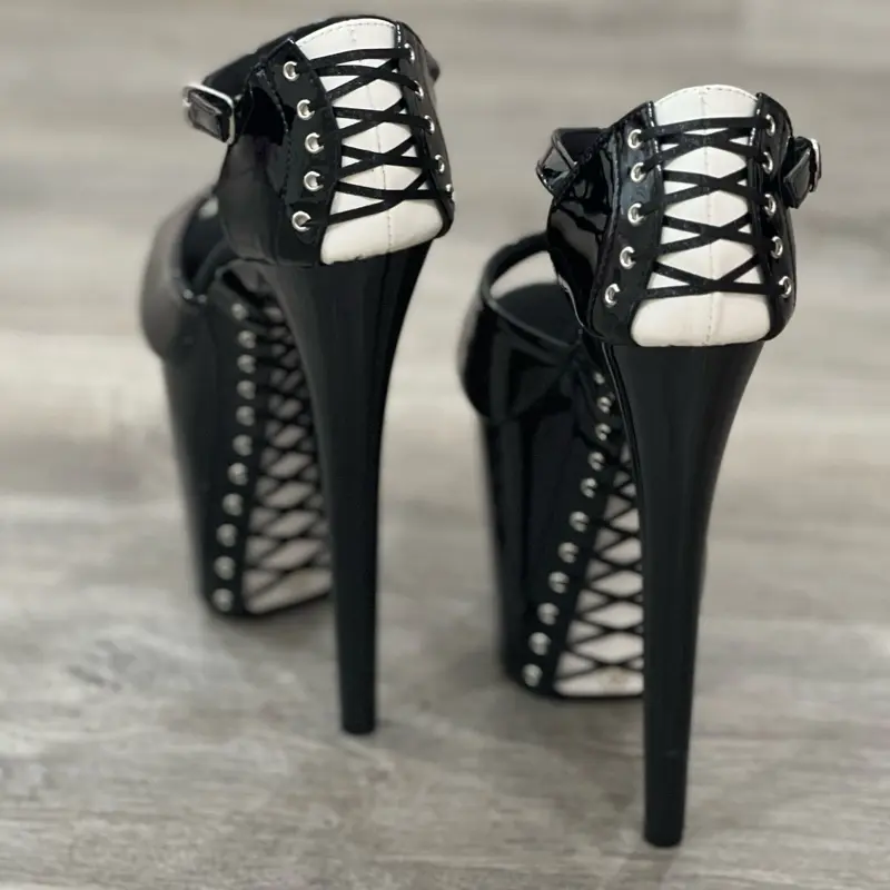 8" Heels for Professional Pole Dancer - Black and White Lace-Up Design with Studded Detailing