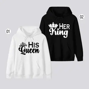 King & Queen Crown Print Couple Hoodies, Casual Style Sweatshirts with Pocket, Unisex Regular Fit