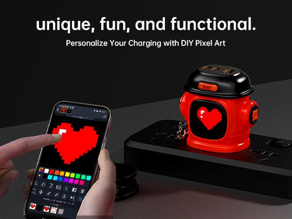 Divoom Dipow 65W USB-C Charger 3-Port Fast GaN Charger with DIY Pixel Display Foldable Compact Wall Block Power Adapter for iPhone 16/15 MacBook iPad Galaxy S23/S24 Switch Red (with 100w Cable) Charging Electronic Cellphone Smartphone Portable Multi-Port