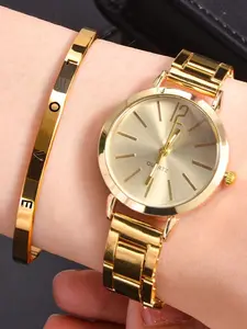 2pcs Women's Simple Steel Band Quartz Analog Watch Set, Fashionable Minimalist Style, Digital Dial, Versatile Bracelet Accessory, Quartz Watches