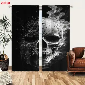 2D Flat Ethereal Skull and Smoke Pattern Blackout Curtain 2-Piece Set, Surreal Dark Artistic Window Curtains with White Detailing, Decay & Fragility Aesthetic, Ominous Home Decor for Living Room Bedroom