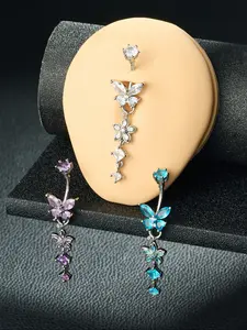 Removable Dangle Belly Button Ring StainlessSteel Hypoallergenic Silver Belly Ring for Women Dangly Navel Piercing Jewelry Dangling Butterfly Pink Flower Trendy Dainty Navel Rings for Women