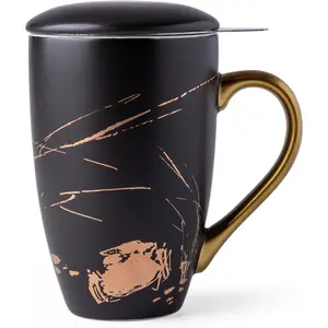 Ceramic  Cup with Infuser and Lid, 17 Oz, Ceramic Cup with Handle for Steeping Loose Leaf Teas, Steeping  Mug with Strainer, Black