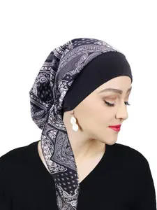 Elastic Wide-Brim Ethnic Headscarf, Floral Print Tie-Back Head Wrap Hat, Chemotherapy Cap, Fashionable European and American Style, Turban Hijab