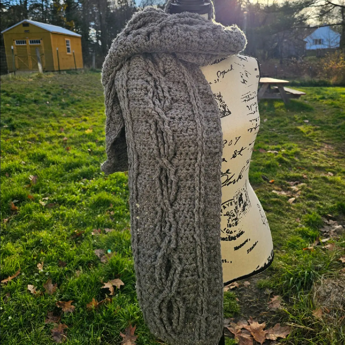 Gray Crocheted Cable Knit Scarf